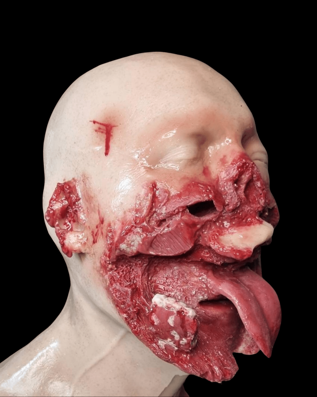 CRIC Trainers in Medical Simulation. This is an example of a severe maxillofacial trauma mask designed to simulate realistic facial features and wounds, designed to replicate maxillofacial trauma. The mask features simulated fractures, lacerations, and bruises, as well as a realistic jawline for accurate training and simulation purposes. It is made of durable materials and is flexible to fit various head sizes. The mask is an essential tool for medical professionals, first responders, and anyone involved in emergency medical services training.